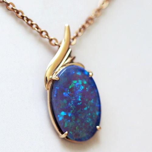 14k Yellow Gold Pendant with a SOLID CRYSTAL OPAL Floral Harlequin pattern, sparkling and bright